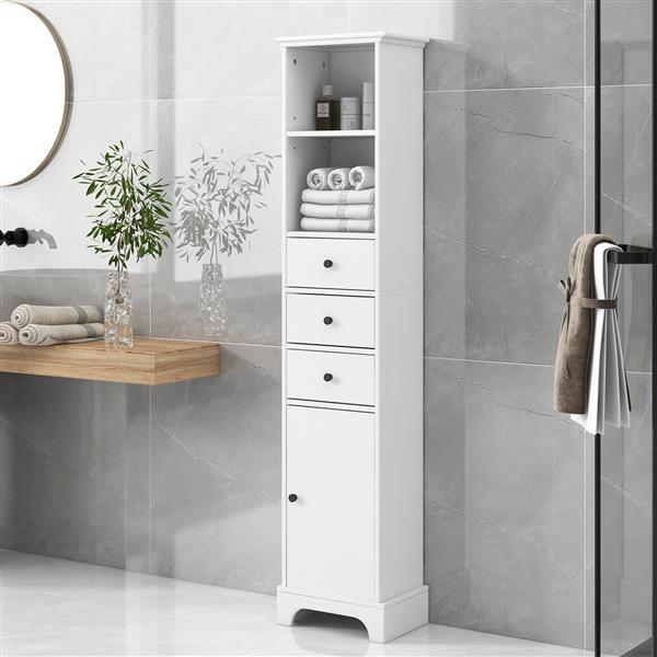 White Tall Bathroom Cabinet,  Storage Cabinet with 3 Drawers and Adjustable Shelf, MDF Board with Painted Finish