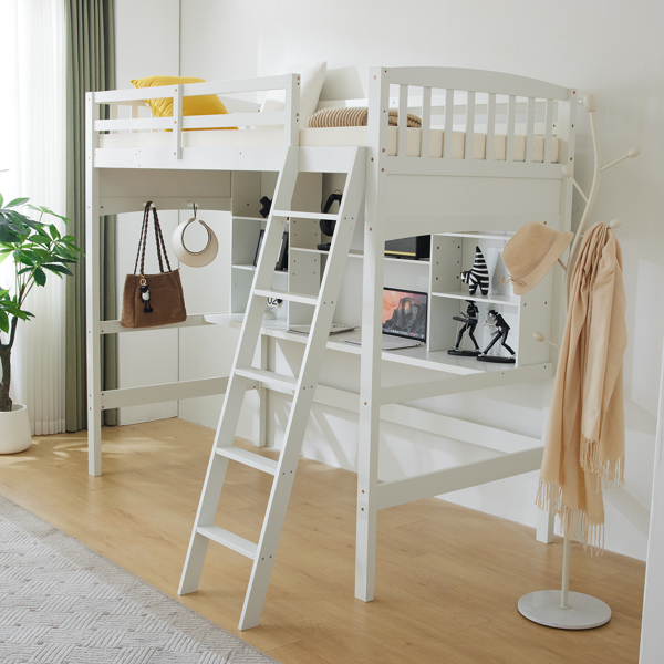 Loft bed with shelf with desk inclined ladder white twin wooden bed pine particle board N101 USA