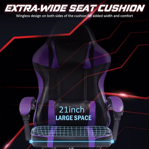 Video Game Chairs for Adults, PU Leather Gaming Chair with Footrest, 360°Swivel Adjustable Lumbar Pillow Gamer Chair, Comfortable Computer Chair for Heavy People, Purple