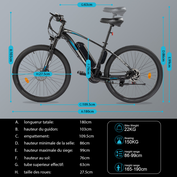 Vélo électrique, VTT électrique, 27.5" Ville E-Bike Adulte, Vélo électrique avec Batterie Amovible 36V 13Ah,7 Vitesses Bleu et Noir