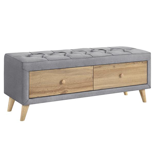 Upholstered Wooden Storage Bench with 2 Drawers For Bedroom,Fully Assembled Except Legs and Handles,Padded Seat with Rubber Wood Leg-Gray