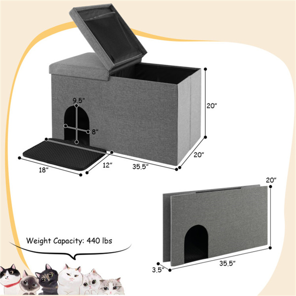 Gray Cat Litter Box Enclosure，Entrance Shoe Stool with Urine Proof Litter Mat
