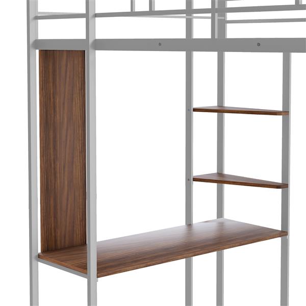 Twin Metal Loft Bed with 2 Shelves and one Desk ,Silver