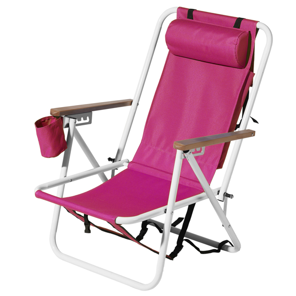 Folding Beach Chair, 4 Position Portable Backpack Foldable Camping Chair with Headrest Cup Holder and Wooden Armrests, Pink