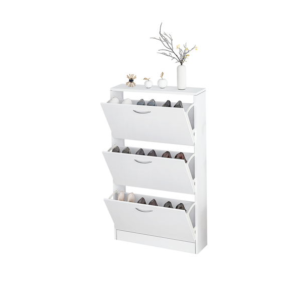 Shoe Cabinet for Entryway, White Narrow Shoe Storage Cabinet Flip Down Shoe Rack Wood 3 Tier Shoe Organizer for Home and Apartment