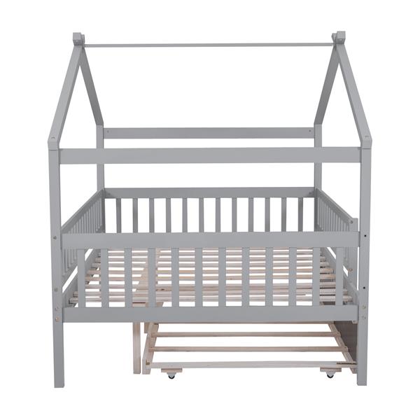 Full Size Wooden House Bed with Twin Size Trundle, Gray