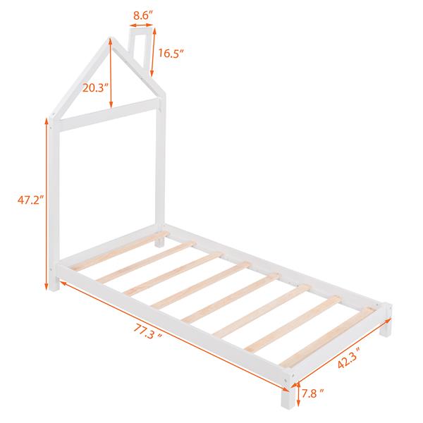 Twin Size Wood Platform Bed with House-shaped Headboard  (White)