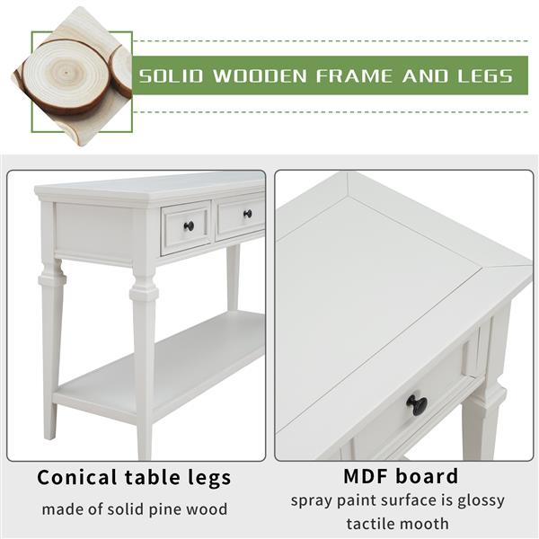 Classic Retro Style Console Table with Three Top Drawers and Open Style Bottom Shelf, Easy Assembly (Antique White)