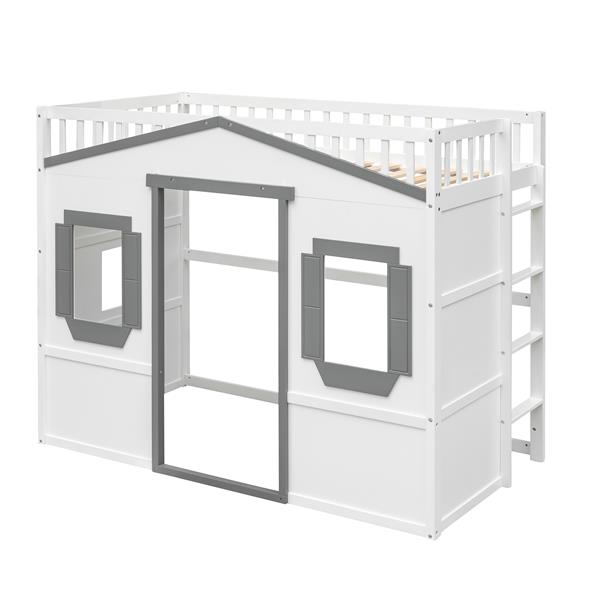 Twin Size House Loft Bed With Ladder-White+Gray Frame