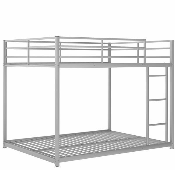 Full over Full Metal Bunk Bed, Low Bunk Bed with Ladder, Silve