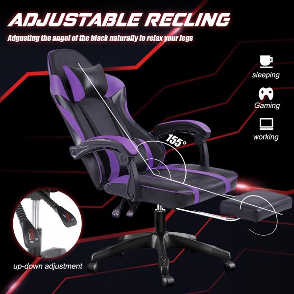 Ergonomic Gaming Chair with Footrest, Comfortable Computer Chair for Heavy People, Adjustable Lumbar Desk Office Chair with 360°-Swivel Seat, PU Leather Video Game Chairs for Adults