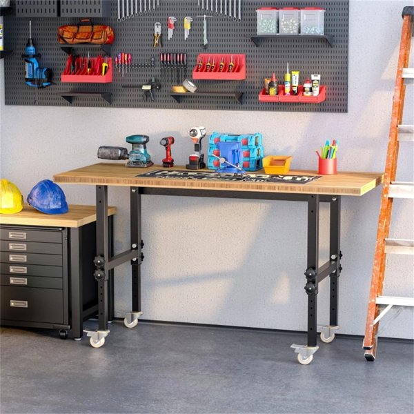 59" Garage Work Bench with Wheels, Height Adjustable Legs, Bamboo Tabletop Workstation Tool Table