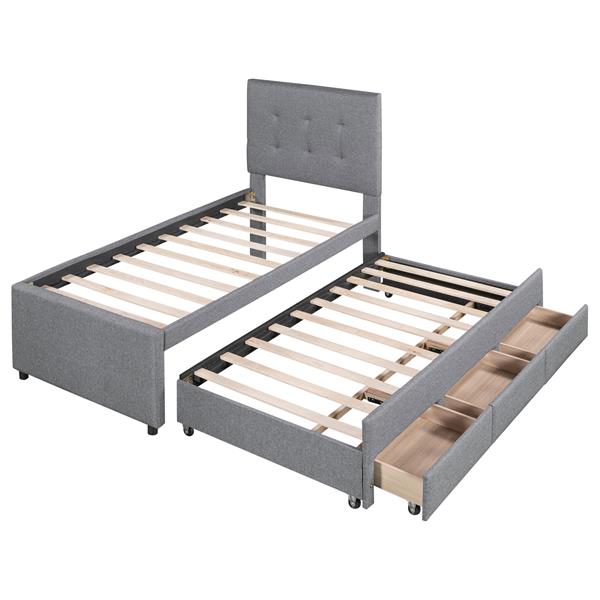 Twin Size Upholstered Platform Bed with Pull-out Twin Size Trundle and 3 Drawers, Gray