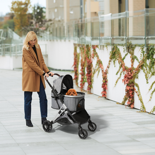 Pet Stroller 3 in 1, Folding Lightweight Dog Stroller with Detachable Carrier & Storage Basket, 4 Wheels Travel Stroller for Puppies Doggies Kitties, Grey