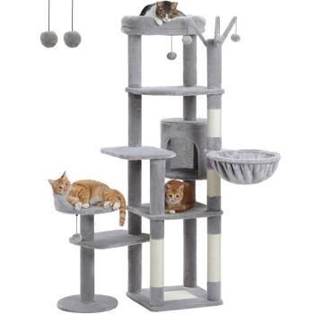 59\\" Cat Tree,Cat Tower for Large Cats,Multi-Level Cat Tower with 3 Removable Pompom Sticks,Cat Condo with Large Hammock,Scratching Post,and 2 Perches,Grey(Banned shein,unable to ship on weekends)