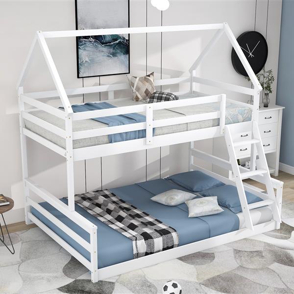 Twin over Full House Bunk Bed with Built-in Ladder,White