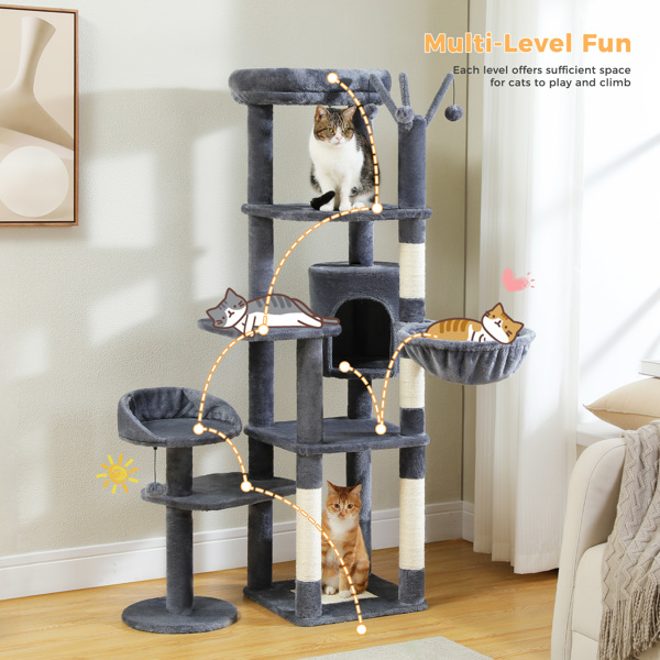 59" Cat Tree,Cat Tower for Large Cats,Multi-Level Cat Tower with 3 Removable Pompom Sticks,Cat Condo with Large Hammock,Scratching Post,and 2 Perches,Deep Grey(Banned shein,unable to ship on weekends)