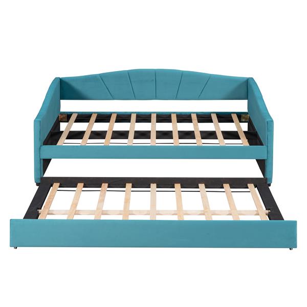 Upholstered Daybed Sofa Bed Twin Size With Trundle Bed and Wood Slat ,Blue