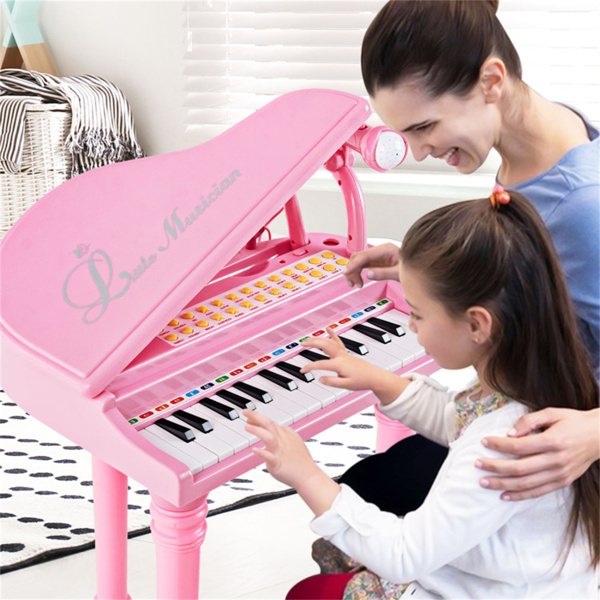 Pink Kids Piano 31 Keys Kids Piano Keyboard with Stool and Piano Lid