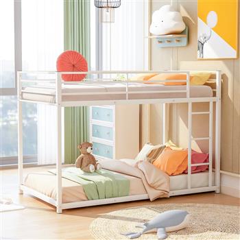 Twin over Twin Metal Bunk Bed, Low Bunk Bed with Ladder,White