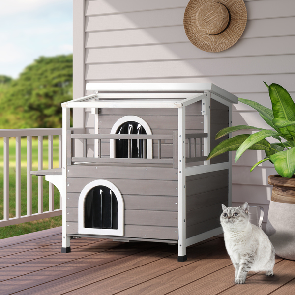  Wooden Cat house 2-Story Indoor Outdoor Luxurious Cat Shelter House with Transparent Canopy, Large Balcony, Openable Weatherproof Roof,Double escape door, Grey&White