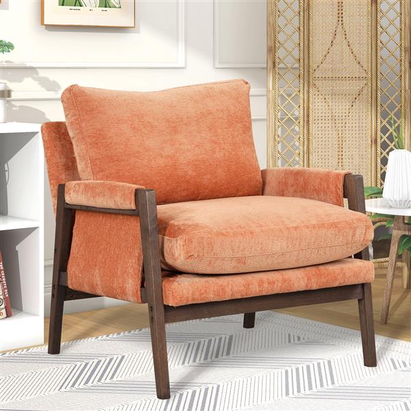 Mid-Century Modern Velvet Leisure Chair with Solid Wood and Thick Seat Cushion for Living Room,Bedroom,Studio,Orange