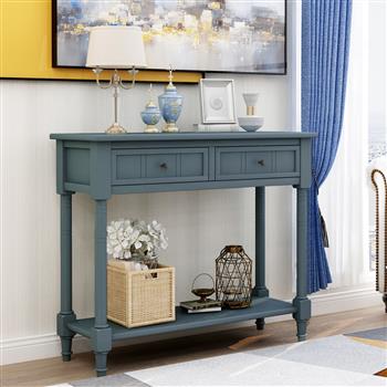 Series Console Table Traditional Design with Two Drawers and Bottom Shelf (Navy)