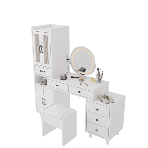 Modern Makeup Vanity Table Set with Side Cabinet and Nightstand and LED Mirror, Retractable Dressing Table with Power Outlets, 3 Light Colors