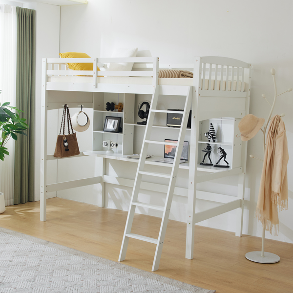 Loft bed with shelf with desk inclined ladder white twin wooden bed pine particle board N101 USA