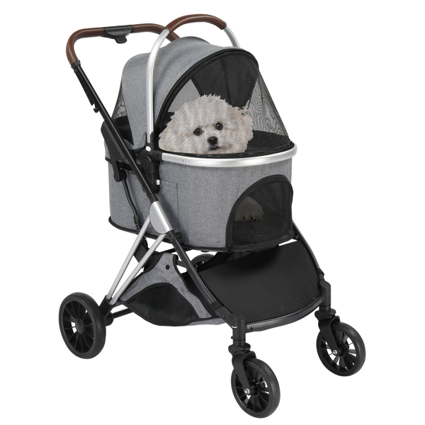 Pet Stroller 3 in 1, Folding Lightweight Dog Stroller with Detachable Carrier & Storage Basket, 4 Wheels Travel Stroller for Puppies Doggies Kitties, Grey