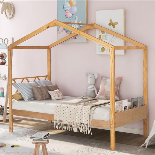 Twin Size Wood House Bed with Storage Space, Natural