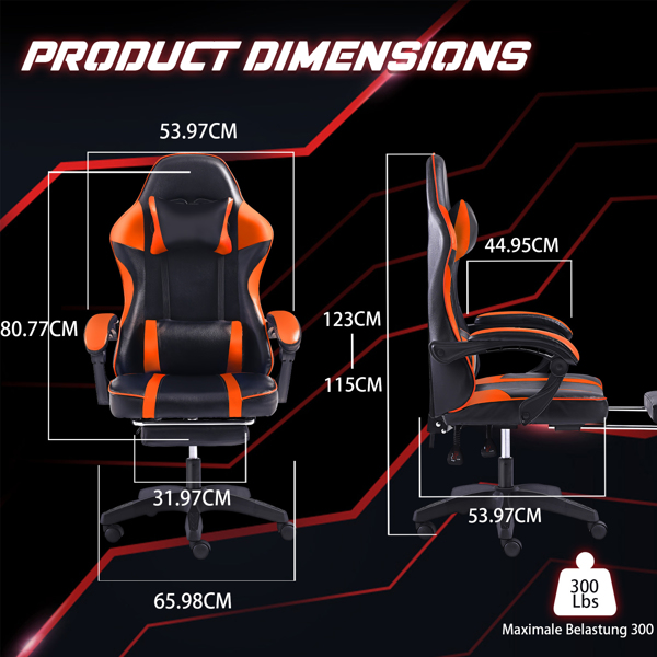 Ergonomic Gaming Chair with Footrest, Comfortable Computer Chair for Heavy People, Adjustable Lumbar Desk Office Chair with 360°-Swivel Seat, PU Leather Video Game Chairs for Adults, Orange