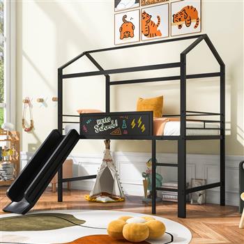 Metal House Bed With Slide, Twin Size Metal Loft Bed with Two-sided writable Wooden Board (Black )