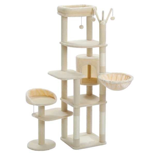 59" Cat Tree,Cat Tower for Large Cats,Multi-Level Cat Tower with 3 Removable Pompom Sticks,Cat Condo with Large Hammock,Scratching Post,and 2 Perches,Beige(Banned shein,unable to ship on weekends)