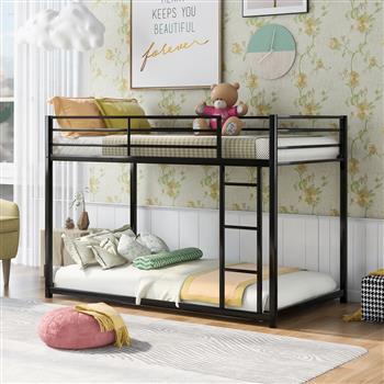 Twin over Twin Metal Bunk Bed, Low Bunk Bed with Ladder, Black