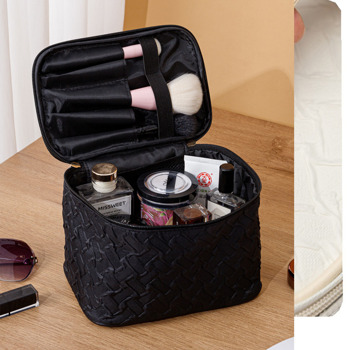Black/White  Premium Large capacity Portable Travel Makeup Bag, Multi-functional Cosmetic Organizer, Stain-resistant, Handheld Square Bag
