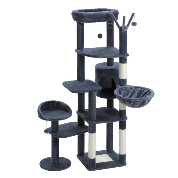 59" Cat Tree,Cat Tower for Large Cats,Multi-Level Cat Tower with 3 Removable Pompom Sticks,Cat Condo with Large Hammock,Scratching Post,and 2 Perches,Deep Grey(Banned shein,unable to ship on weekends)