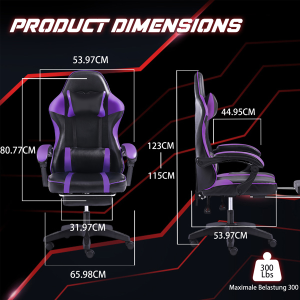 Ergonomic Gaming Chair with Footrest, Comfortable Computer Chair for Heavy People, Adjustable Lumbar Desk Office Chair with 360°-Swivel Seat, PU Leather Video Game Chairs for Adults