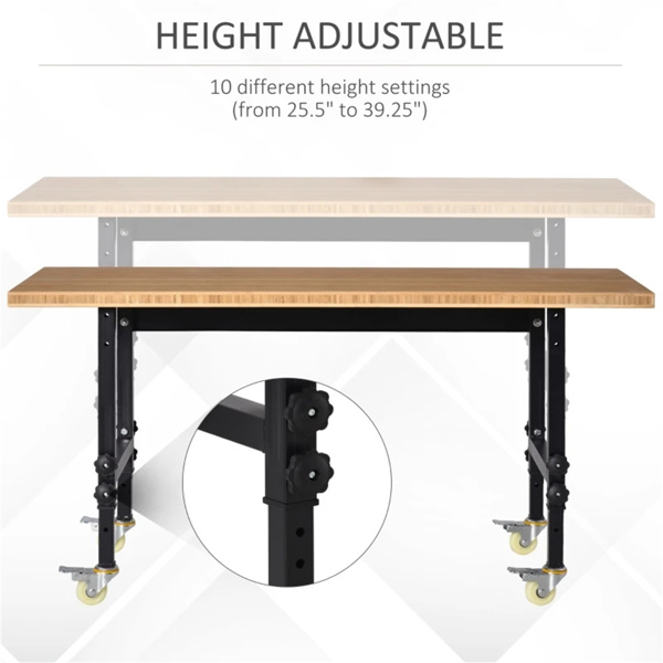 59" Garage Work Bench with Wheels, Height Adjustable Legs, Bamboo Tabletop Workstation Tool Table