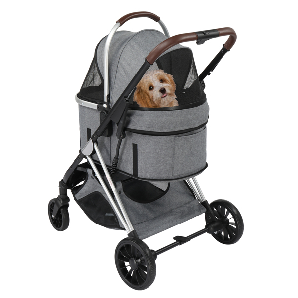 Pet Stroller 3 in 1, Folding Lightweight Dog Stroller with Detachable Carrier & Storage Basket, 4 Wheels Travel Stroller for Puppies Doggies Kitties, Grey