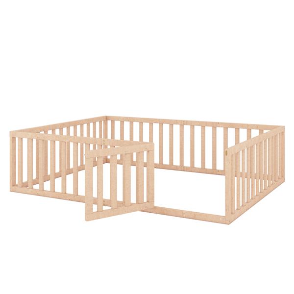 Queen Size Wood Floor Bed Frame with Fence and Door, Natural