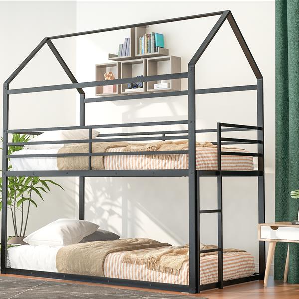 Bunk Beds for Kids Twin over Twin,House Bunk Bed Metal Bed Frame Built-in Ladder,No Box Spring Needed Black