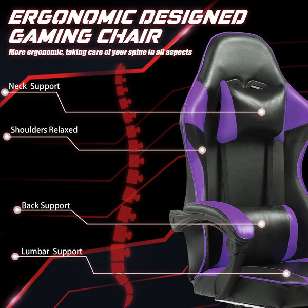 Ergonomic Gaming Chair with Footrest, Comfortable Computer Chair for Heavy People, Adjustable Lumbar Desk Office Chair with 360°-Swivel Seat, PU Leather Video Game Chairs for Adults