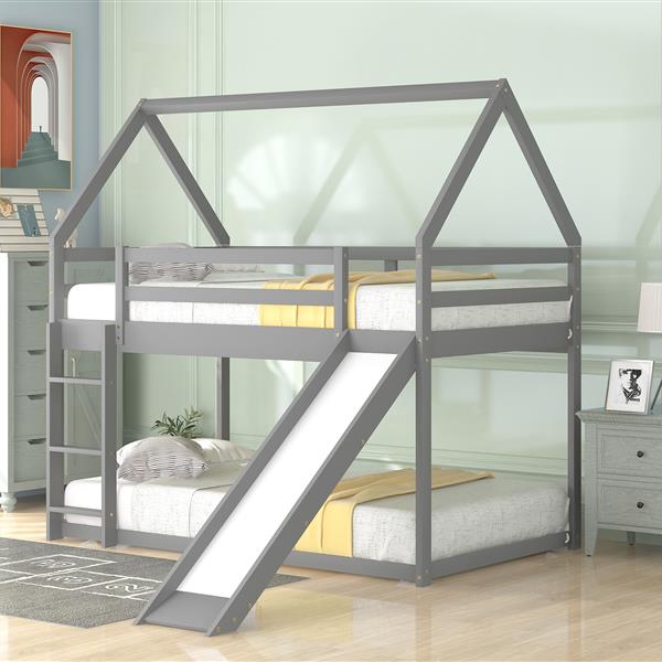 Twin Size Bunk House Bed with Slide and Ladder,Gray