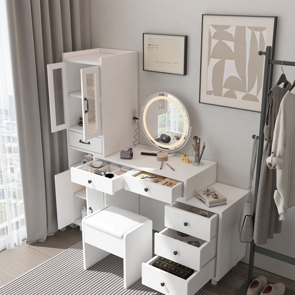 Modern Makeup Vanity Table Set with Side Cabinet and Nightstand and LED Mirror, Retractable Dressing Table with Power Outlets, 3 Light Colors