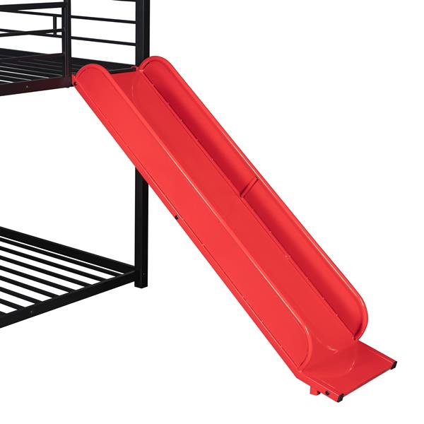 Twin Over Twin Metal Bunk Bed ,Metal Housebed With Slide,Three Colors Available.(Black with Red Slide)