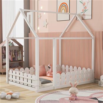 (Slats are not included) Full Size Wood Bed House Bed Frame with Fence,for Kids,Teens,Girls,Boys (White )