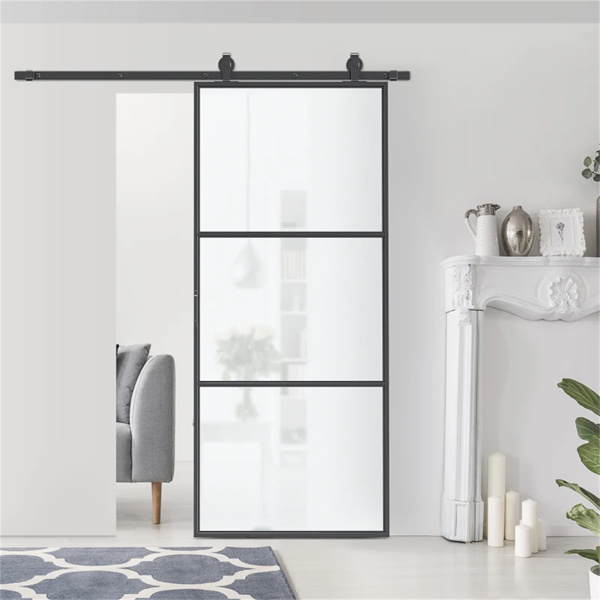 36"  x 84" Sliding bathroom Door with 6FT Hardware Kit and Handle, Industrial Frosted Tempered Glass Door with Carbon Steel