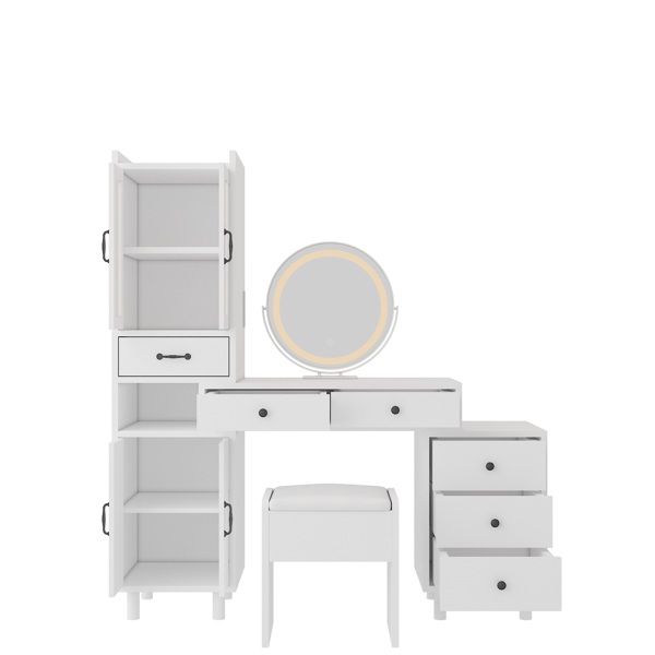 Modern Makeup Vanity Table Set with Side Cabinet and Nightstand and LED Mirror, Retractable Dressing Table with Power Outlets, 3 Light Colors