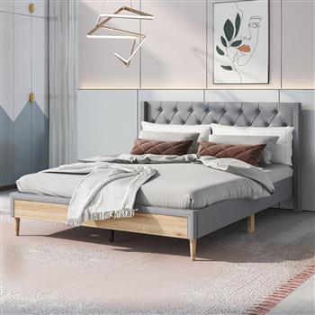 Upholstered Platform Bed with Rubber Wood Legs,No Box Spring Needed, Linen Fabric,Queen Size-Gray